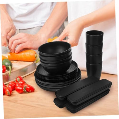 20pcs Black Dinnerware Set for 4 People with Reusable Forks, Spoons, Knives, Bowls, Plates, and Cups – Portable Picnic and Travel Utensils for Outdoor Dining