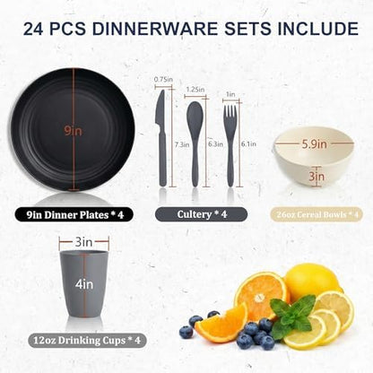 Kids Plates and Bowls Sets, Wheat Straw Dinnerware Sets(BlackBeige)