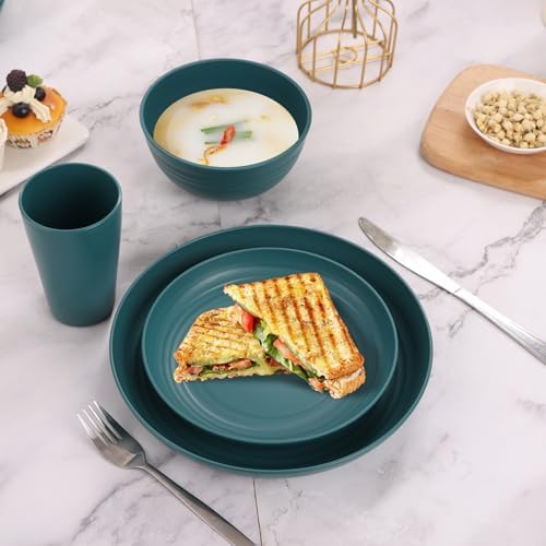 Green Unbreakable Plates and Bowls Sets Microwave and Dishwasher Safe,Dark Green Dinnerware Sets for 8,Christmas Reusable Plastic Dishes Set Lightweight for Elderly Kitchen Adults Camping Outdoor