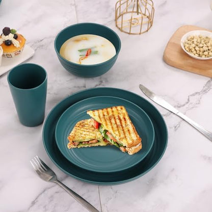 Green Unbreakable Plates and Bowls Sets Microwave and Dishwasher Safe,Dark Green Dinnerware Sets for 8,Christmas Reusable Plastic Dishes Set Lightweight for Elderly Kitchen Adults Camping Outdoor