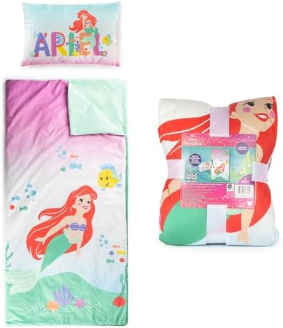 Jay Franco Kids Slumber Bag and Pillow - 54 x 27 Inch Comfy Indoor Sleeping Bag for School and Sleepovers, 2 Piece Set, Multi - The Little Mermaid