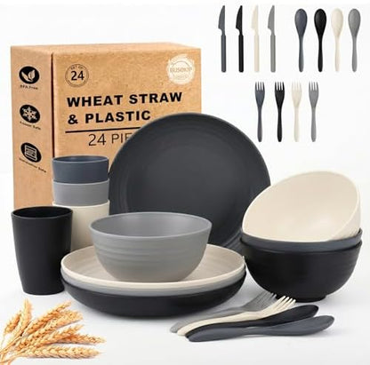 Kids Plates and Bowls Sets, Wheat Straw Dinnerware Sets(BlackBeige)