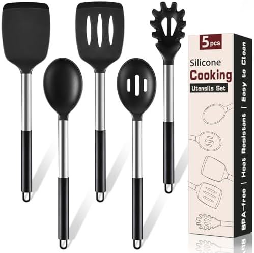 5Pcs Silicone Cooking Utensils Set, Heat Resistant Kitchen Tools Include Solid&Slotted Spatula, Cooking Spoon and Pasta Server, Silicone Kitchen Utensils set for Nonstick Cookware Flipping, Black