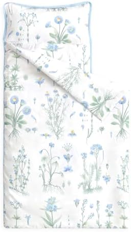 Wake In Cloud - Toddler Nap Mat with Pillow and Blanket, 100% Cotton Fabric, for Kids Girls Ages 3 Plus in Daycare Kindergarten Preschool, Sleeping Bag, Botanical Flowers
