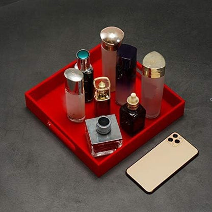 Sturdy Red Acrylic Serving Tray with Handles - 12x12 Inch - Coffee & Appetizer Platter - Kitchen Counter & Vanity Organizer