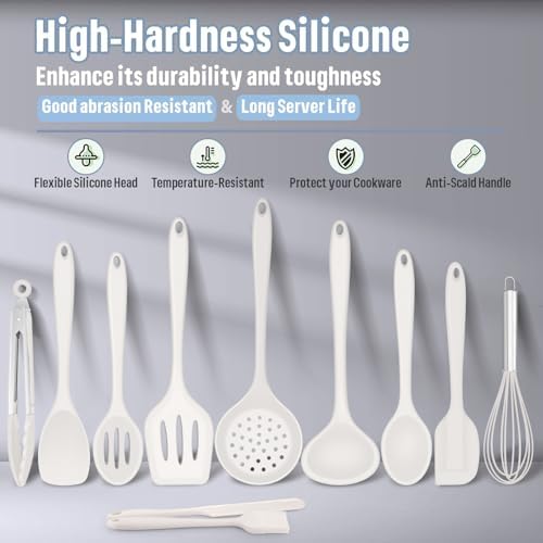 Silicone Kitchen Utensils Set, E-far 23 Pcs White Cooking Utensils Tools with Holder for Nonstick Cookware, Include Spatula/Spoon/Ladle/Tongs/Turner, Heat Resistant & Nontoxic, Dishwasher Safe