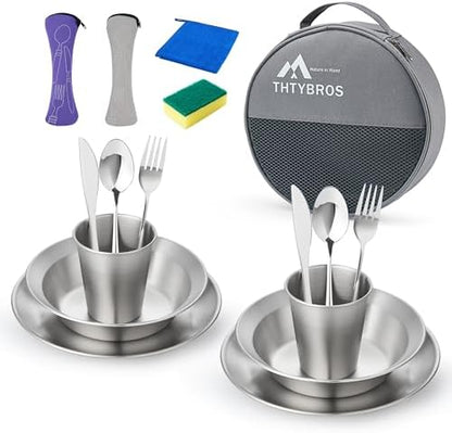 Stainless Steel Camping Mess Kit for 1-4 People,All-in-One Camping Cookware & Tableware Set with Plates,Bowls, Cups,Cutlery & Carry Bag,Outdoor Cooking Utensils for Camping,Backpacking,Hiking, Picnic