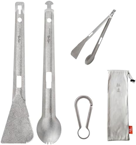 TiTo Titanium 4 in 1 Camping Cookware - Titanium BBQ Tongs, Spork, Knife and Spatula, Portable Lightweight Multi Tableware for Kitchen, Hiking, Backpacking, Outdoor Cooking, Travel, Picnics (Titanium)