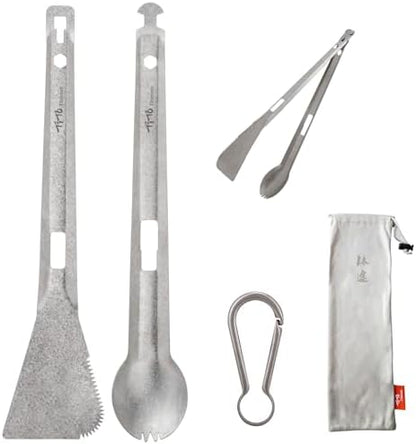 TiTo Titanium 4 in 1 Camping Cookware - Titanium BBQ Tongs, Spork, Knife and Spatula, Portable Lightweight Multi Tableware for Kitchen, Hiking, Backpacking, Outdoor Cooking, Travel, Picnics (Titanium)