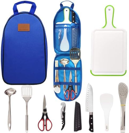 Camp Kitchen Utensil Organizer Travel Set Portable BBQ Camping Cookware Stainless Steel Utensils Travel Kit Outdoor Equipment Cutting Board Tongs Scissors Knife Ladle Spatula