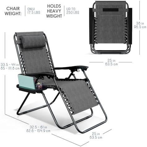 Nestl Zero Gravity Chairs, Portable Patio Lounge Chair Outdoor with Pillows & Cup Holder Trays, Adjustable Steel Mesh Reclining Camping Chair, Folding Patio Lawn Chair for Deck, Beach, Yard - Grey