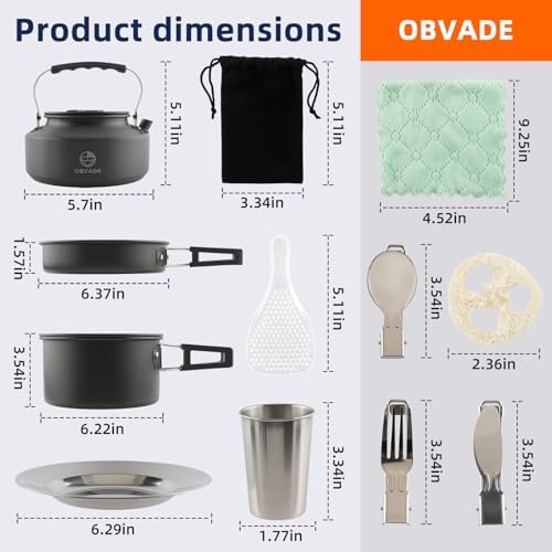 Camping Cookware Set 17 pcs Camping Cooking 0.30G Kettle 0.45G Pot 7 in Pan and 2pcs Stainless Steel Cups Plates Forks Knives Spoons Bag for 1-2 People Backpacking Hiking Picnic