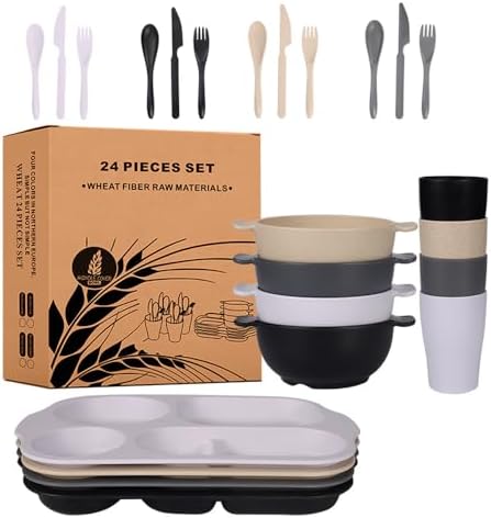 24 Pcs Wheat Straw Dinnerware Cutlery Sets,Unbreakable Divided Plates Bowls Cups Spoon Knife Fork for 4 People,Microwave Dishwasher Safe Tableware Cutlery for Party and Daily Use,Mix Color 1