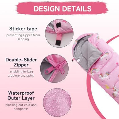 tuphen Kids Sleeping Bag - 50-77℉ 3-Season Waterproof Sleeping Bag for Boys & Girls, Lightweight 2.2 lbs Camping Gear with Compression Bag Ideal for Camping, Hiking, Indoor