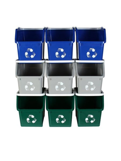 Multi Bin Recycling System with Nine Stackable 6 Gallon Recycle Bins to Build Your Recycling Center for Offices, Kitchen, Garages, Businesses - (9 Pack, Blue/Grey/Green)