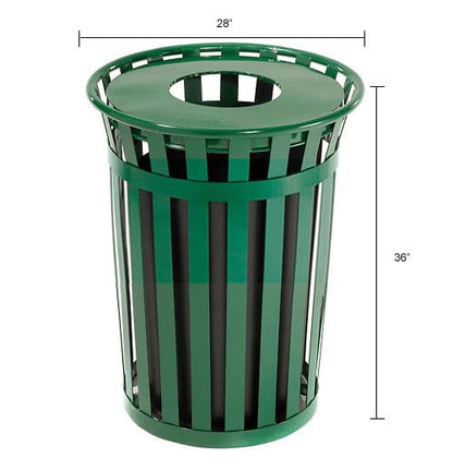 Global Industrial 36 Gallon Outdoor Slatted Steel Round Trash Can with Flat Lid, Plastic Liner & Anchor Kit Included, 28" W x 36" H, Commercial & Industrial Trash Can, Green