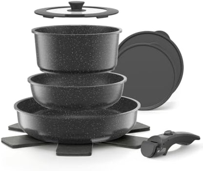 YASHE 9Pcs Granite Nonstick Pots and Pans Set, Stackable, Oven Safe