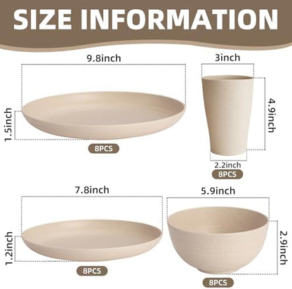 32 Pcs Wheat Straw Dinnerware Set for 8, Cream Reusable Plates and Bowls Set, Microwave Safe Lightweight Unbreakable Dishes Set for Kitchen, Camping, Outdoor, RV