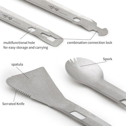 TiTo Titanium 4 in 1 Camping Cookware - Titanium BBQ Tongs, Spork, Knife and Spatula, Portable Lightweight Multi Tableware for Kitchen, Hiking, Backpacking, Outdoor Cooking, Travel, Picnics (Titanium)
