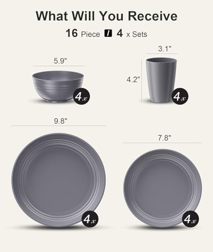 Quatish 16 Piece Plates and Bowl Set for 4, Dinnerware Dish Set for Kitchen