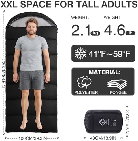 XXL Sleeping Bag for Adults Lightweight 41-59℉, 3-4 Season Waterproof Camping Sleeping Bag with Compression Sack for Backpacking Hiking
