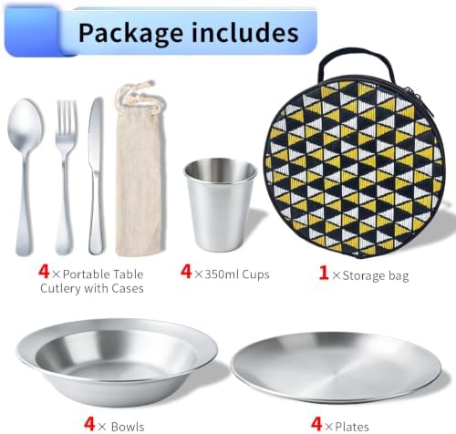 Stainless Steel Outdoor Camping Dishes Mess Kit Set, Plates Bowls Forks Spoons Knives Combo with Carry Bag for Travel Backpacking Hiking and Picnic(4 Sets)