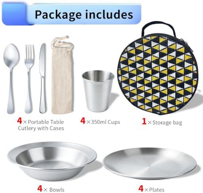 Stainless Steel Outdoor Camping Dishes Mess Kit Set, Plates Bowls Forks Spoons Knives Combo with Carry Bag for Travel Backpacking Hiking and Picnic(4 Sets)