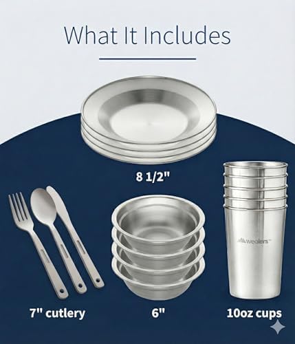 Wealers Unique Complete Messware Kit Polished Stainless Steel Dishes Set| Tableware| Dinnerware| Camping| Buffet| Includes - Cups | Plates| Bowls| Cutlery| Comes in Mesh Bags (4 Person Set)