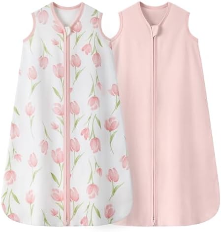 Baby Sleep Sack 0-6 Months 0.5 TOG, 100% Cotton Baby Wearable Blanket 2 Pack with 2-Way Zipper, Lightweight Sleep Bag for Boys ＆ Girls Newborn Infant Breathable Sleeing Sack Pink Tulip