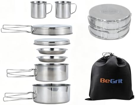BeGrit Stainless Steel Camping Cookware Pot and Pan Set for Backpacking