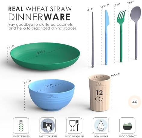 Wheatstraw Dinnerware Set for 4 - Camping Dishes & Utensils - Microwavable Plates - Alternate To Plastic Plates And Bowls - Camping Kitchen Set - Rv Dinnerware - Wheat Straw Dorm Dishes