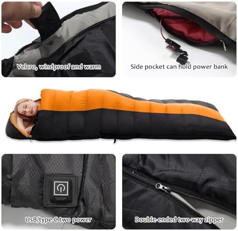 Heated Sleeping Bags for Adults Camping Cold Weather, 95–149°F for 4-Season