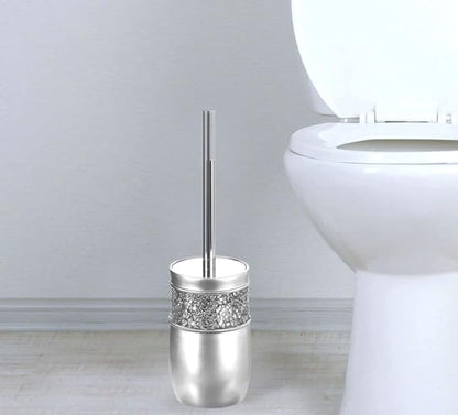 Crackled Glass Toilet Brush with Holder - Silver Toilet Bowl Cleaner Brush and Holder - Good Grip, Deep Cleaning, Decorative Design Compact Toilet Bowl Scrubber