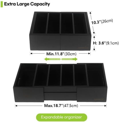 Expandable Kitchen Cabinet Organizer for Food Storage Container Lids, Bamboo Drawer Caddy Adjustable Dividers, Box for Kitchen Storage and Organization, Lids Organizer for Cabinet (Black)