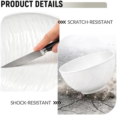 18pcs White Plastic PLates and Bowls Sets Heavy Duty includes Plastic Plates Reusable and Elegant Wheat Bowls and Rock-textured Design Cups for 6 People Outdoor Picnic,Camping Trip,Beach Day