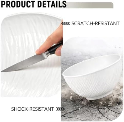 18pcs White Plastic PLates and Bowls Sets Heavy Duty includes Plastic Plates Reusable and Elegant Wheat Bowls and Rock-textured Design Cups for 6 People Outdoor Picnic,Camping Trip,Beach Day