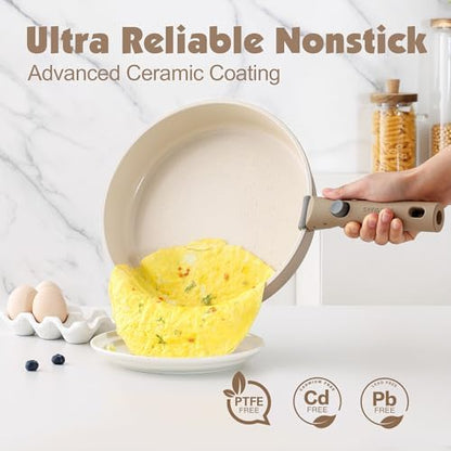 SENSARTE 24 Piece Ceramic Detachable Handle Pots and Pans Set Almond Beige