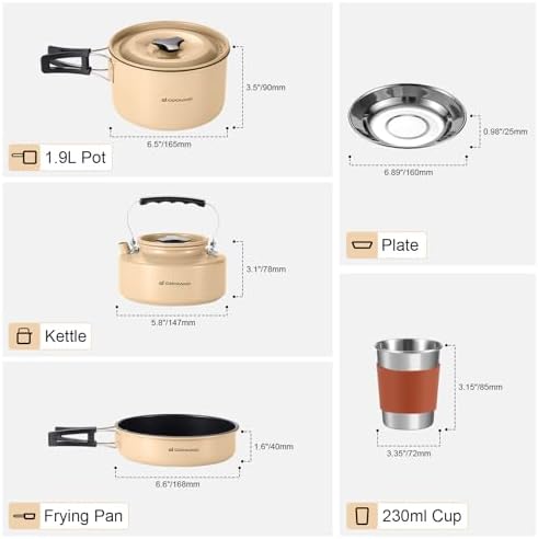 Odoland 15pcs Camping Cookware Mess Kit, Lightweight Pot Pan Kettle Set