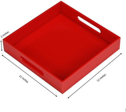 Sturdy Red Acrylic Serving Tray with Handles - 12x12 Inch - Coffee & Appetizer Platter - Kitchen Counter & Vanity Organizer