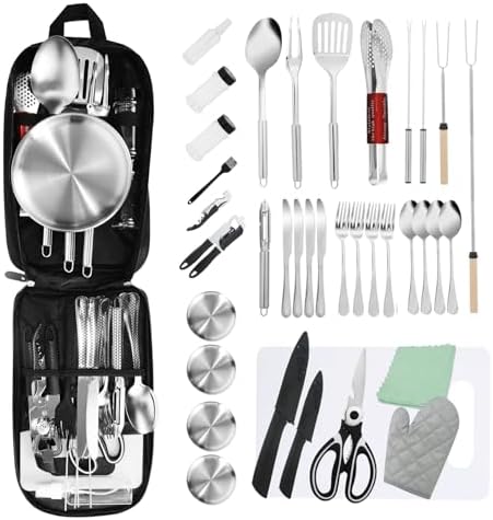 Essential Camping Utensils Set Stainless Steel Camping Mess Kit Portable Outdoor Cookware Cutlery Set Essential Travel Survival Tools for Campers