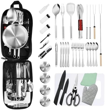 Essential Camping Utensils Set Stainless Steel Camping Mess Kit Portable Outdoor Cookware Cutlery Set Essential Travel Survival Tools for Campers