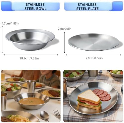Stainless Steel Outdoor Camping Dishes Mess Kit Set, Plates Bowls Forks Spoons Knives Combo with Carry Bag for Travel Backpacking Hiking and Picnic(4 Sets)