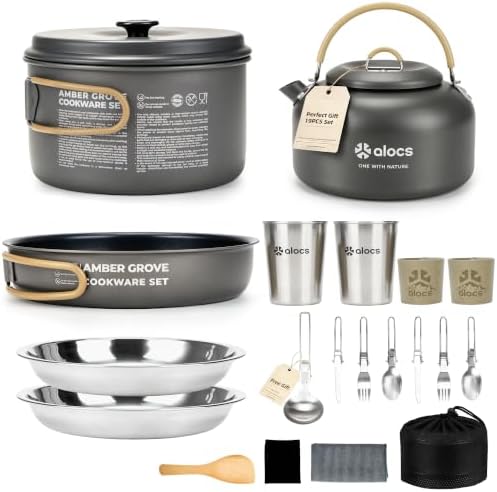 ALOCS 20pcs Camping Cookware Mess Kit, Camping Pots and Pans Set