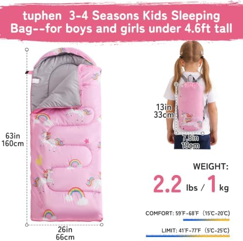 tuphen Kids Sleeping Bag - 50-77℉ 3-Season Waterproof Sleeping Bag for Boys & Girls, Lightweight 2.2 lbs Camping Gear with Compression Bag Ideal for Camping, Hiking, Indoor