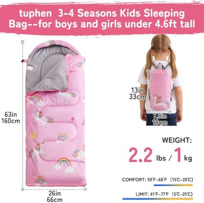 tuphen Kids Sleeping Bag - 50-77℉ 3-Season Waterproof Sleeping Bag for Boys & Girls, Lightweight 2.2 lbs Camping Gear with Compression Bag Ideal for Camping, Hiking, Indoor