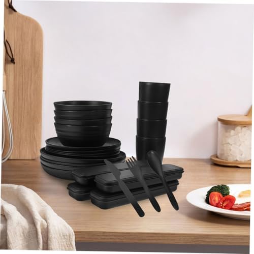 20pcs Black Dinnerware Set for 4 People with Reusable Forks, Spoons, Knives, Bowls, Plates, and Cups – Portable Picnic and Travel Utensils for Outdoor Dining