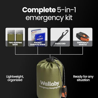 Wallaby Emergency Mylar Sleeping Bags, Survival Bivy Sack, Whistle Bundle