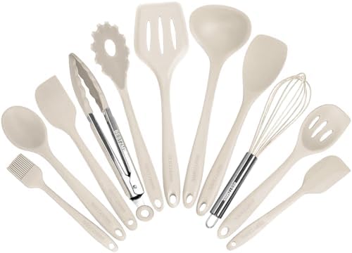 Kitchen Utensil Set - 11 Cooking Utensils - Colorful Silicone Kitchen Utensils - Nonstick Cookware with Spatula Set - Colored Best Kitchen Tools Kitchen Gadgets (Khaki)