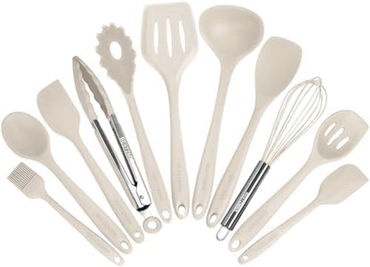 Kitchen Utensil Set - 11 Cooking Utensils - Colorful Silicone Kitchen Utensils - Nonstick Cookware with Spatula Set - Colored Best Kitchen Tools Kitchen Gadgets (Khaki)