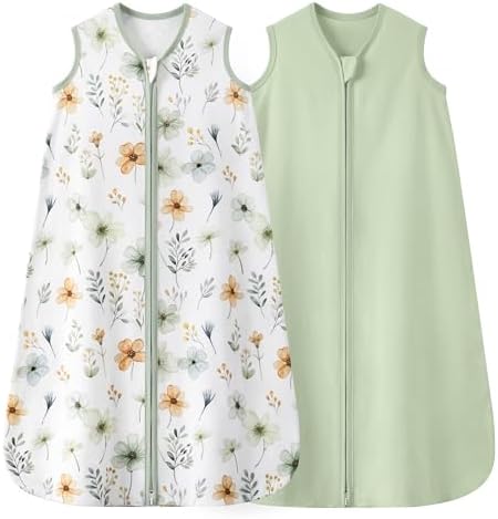 Baby Sleep Sack 18-24 Months 0.5 TOG, 100% Cotton Baby Wearable Blanket 2 Pack with 2-Way Zipper, Lightweight Sleep Bag for Boys ＆ Girls Toddler Breathable Sleeing Sack Green Flower